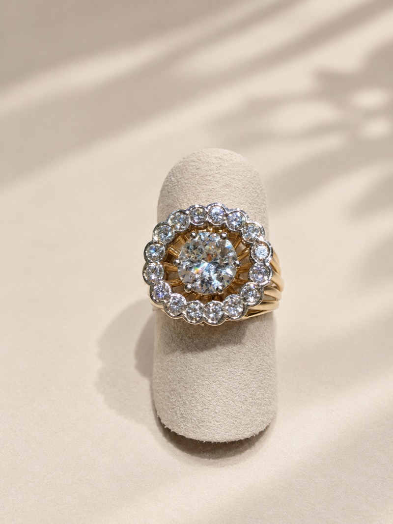 Bague marguerite en or jaune et or gris, diamant central entouré de diamants ronds