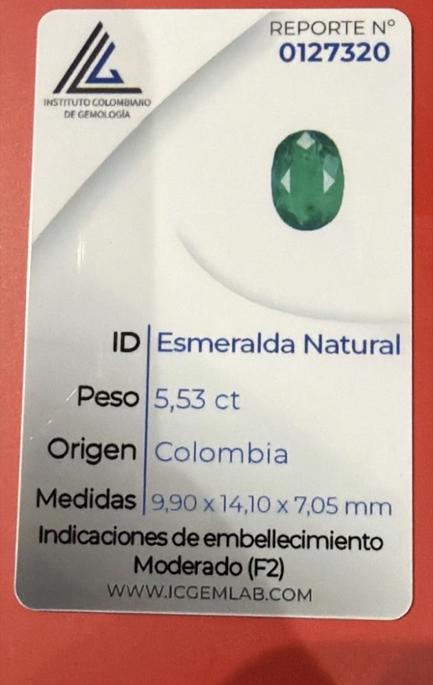 Certificat de l'Instituto Colombiano de Gemología pour une émeraude naturelle de Colombie de 5,53 carats