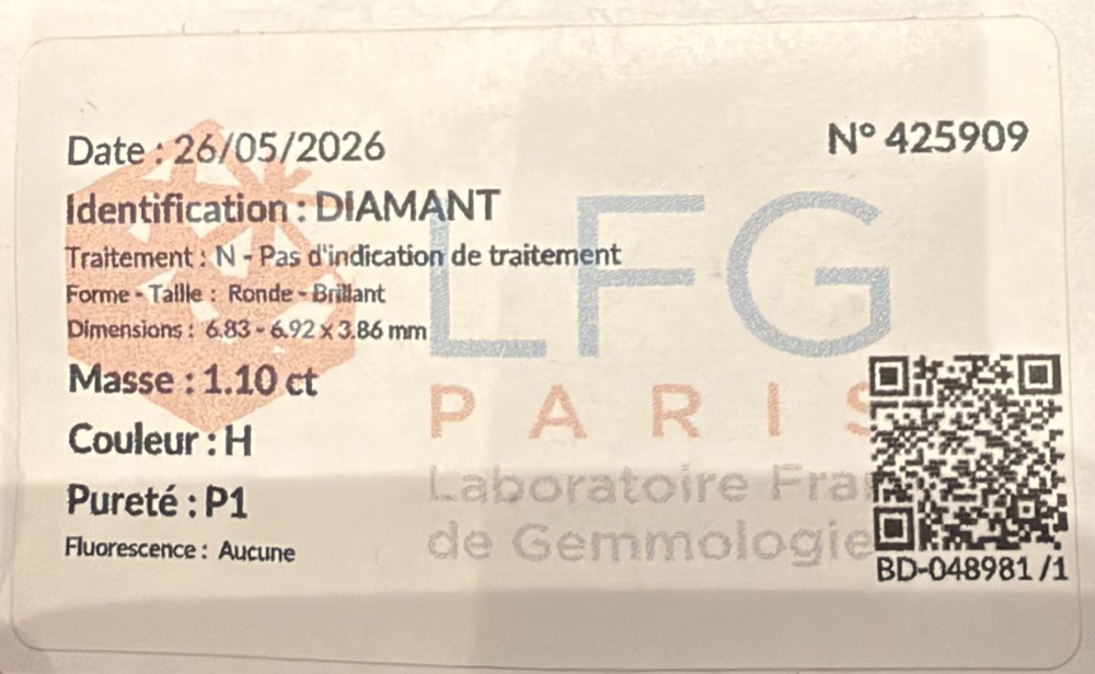Certificat du Laboratoire Français de Gemmologie pour un diamant rond brillant de 1,10 carat, couleur H, pureté P1